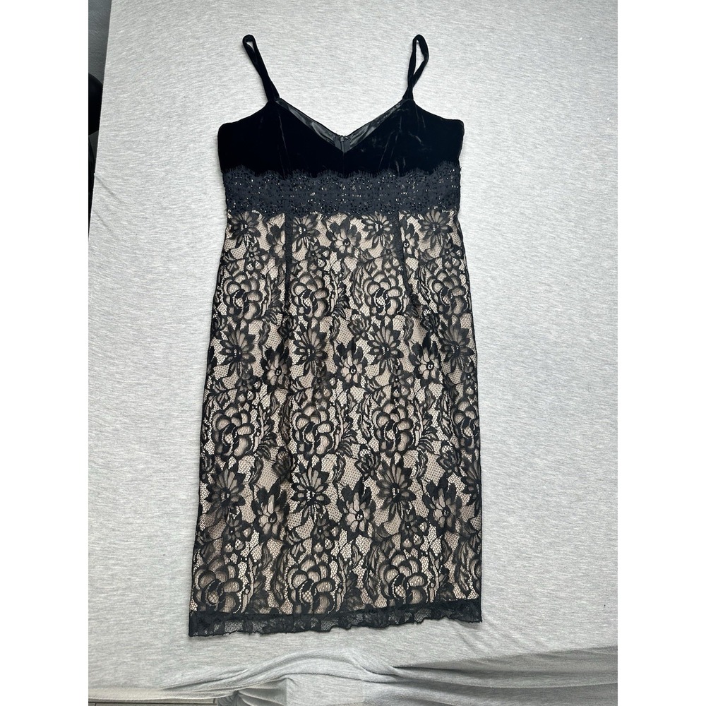 Boston Proper Black Velour Lace‎ Beaded Mini Dress Womens 6